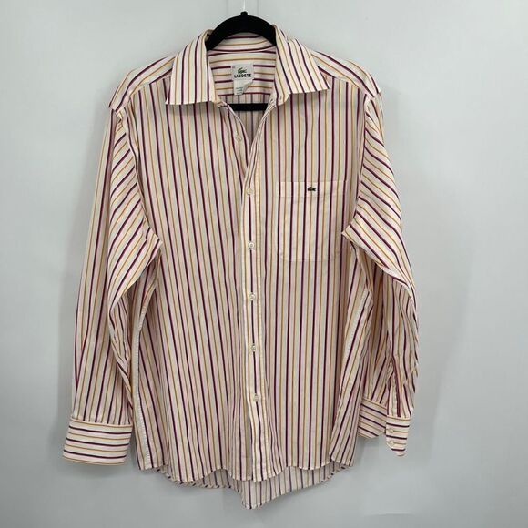 Lacoste Long Sleeve Striped Yellow Red White Collared Button-Up Shirt Size 42 - Picture 1 of 5